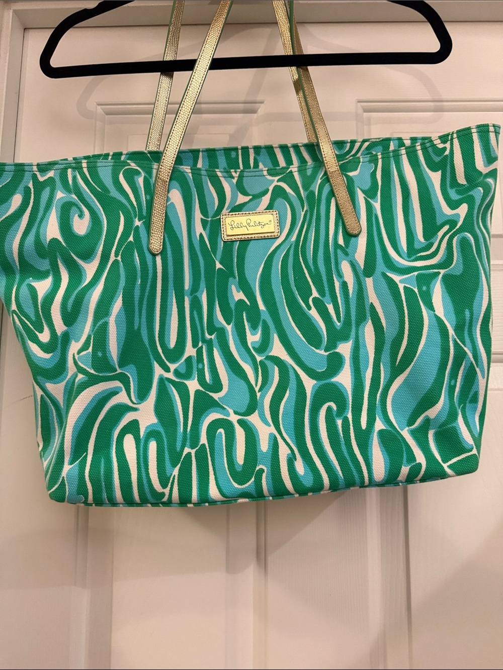 Lilly Pulitzer Teal & White Swirl Tote with Gold Straps